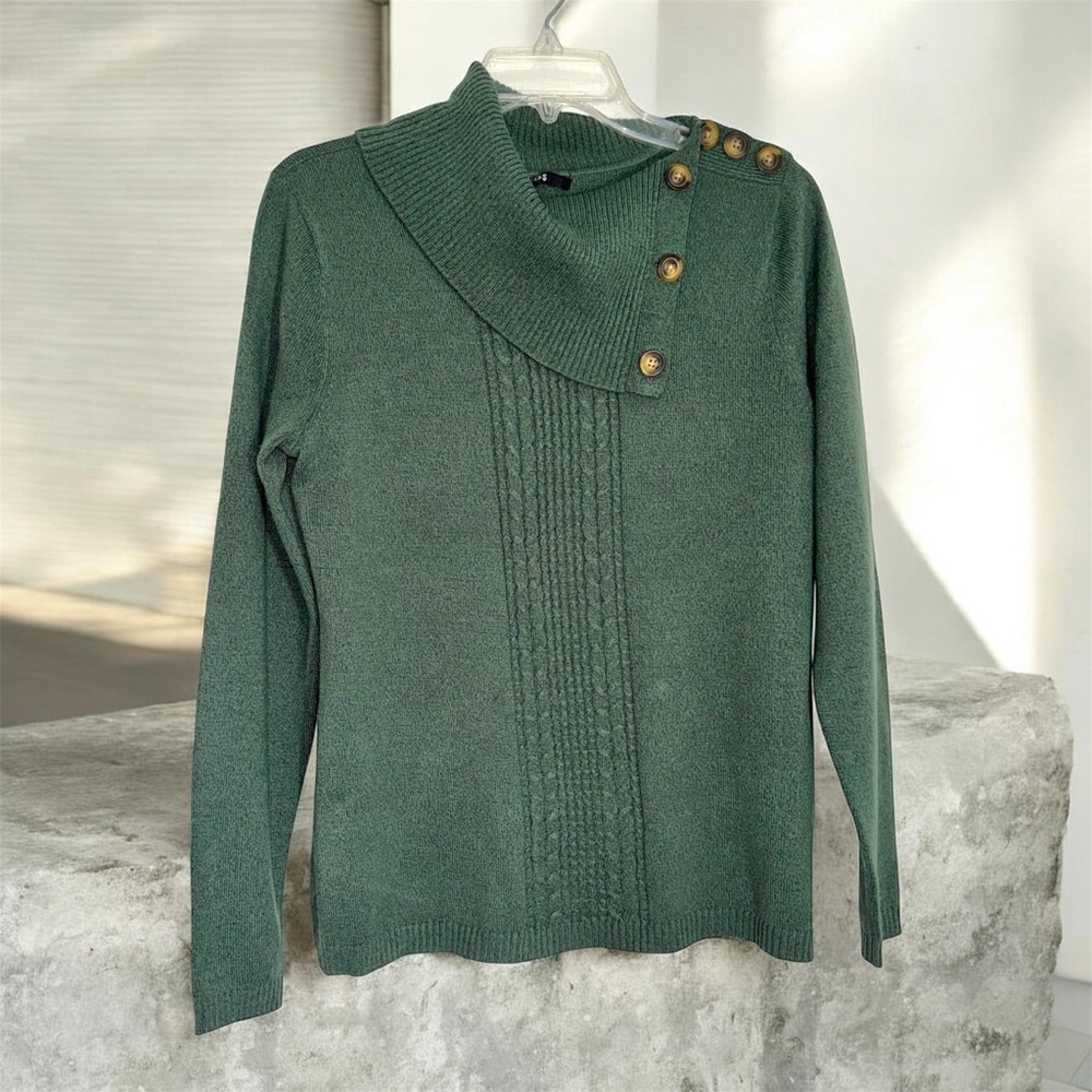 Briggs New York Olive Green Button-Shoulder Cable Sweater size S Like New